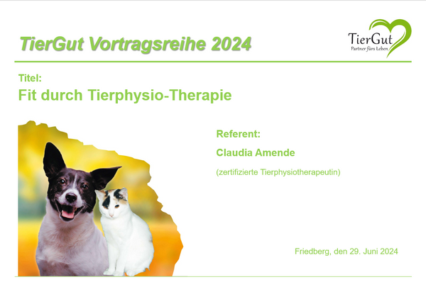 TierGut Vortragsreihe - Termin 29.06.2024 - Thema: Fit durch Tierphysio-Therapie und die Auswirkungen von Übergewicht auf den Tierkörper